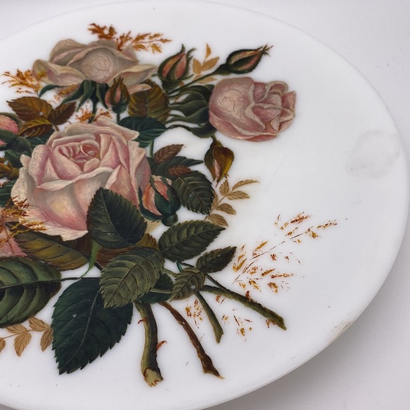 Vintage Pink Roses Hand-Painted Milk Glass Plate - Picture 2 of 4